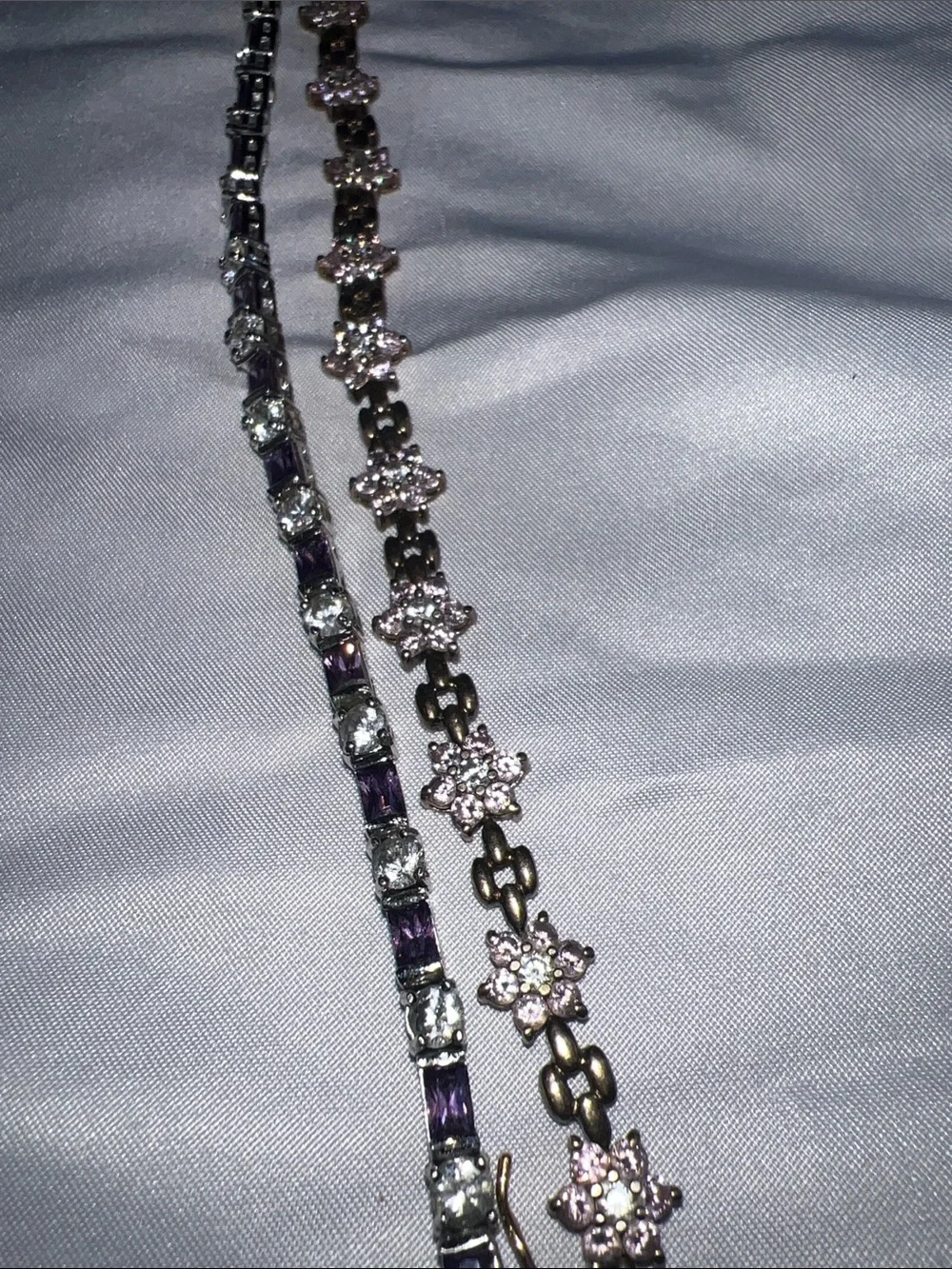 2 FAS Vintage Sterling Silver Floral Pink Purple Crystal Flower Tennis Bracelet